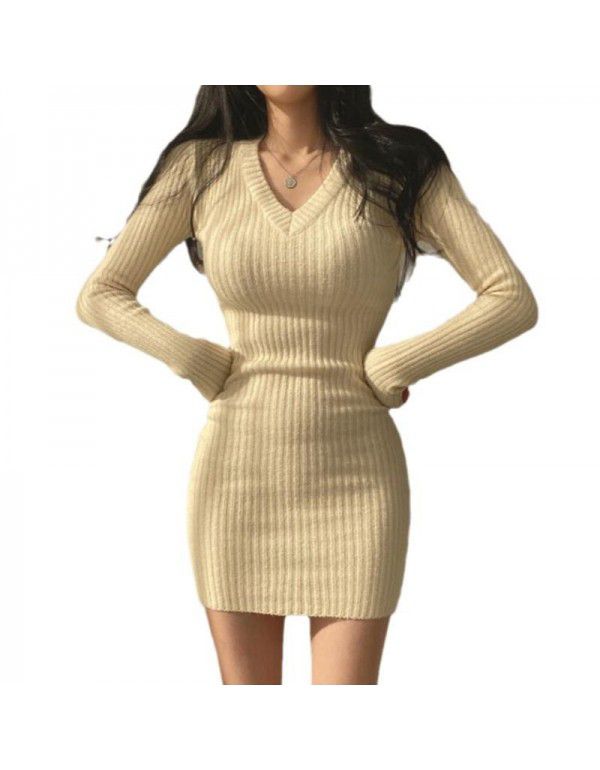 New Chinese Sweater Spring Dress Korean Design Sense V-neck Slim Fit Bottom Knitted Dress Women's Wrap Hip Skirt Women