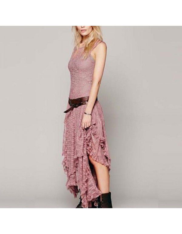 European station fashion women's popular irregular high and low lace skirt sexy long dress 