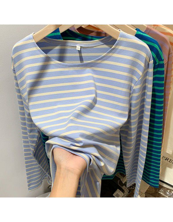 Cotton loose striped bottom shirt for women with spring and autumn Korean design sense long-sleeved T-shirt round neck versatile top 