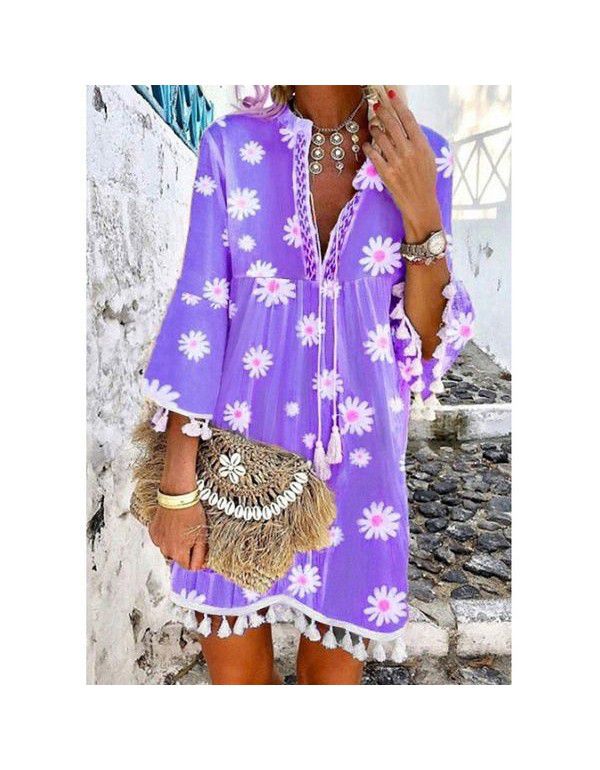 PRINTED DAISY 3/4 SLEEVE FRINGE V-NECK PRINTED DRESS 