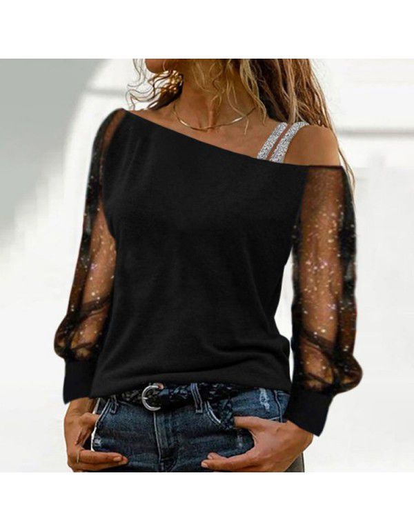 European and American mesh stitching V-neck hanging neck fashion versatile commuting T-shirt in stock