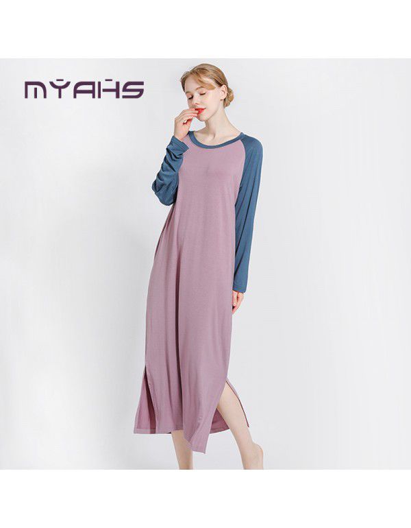 Spring and summer new Modal patchwork dress with long sleeves, loose and thin, large size sleepwear, home dress, long skirt 