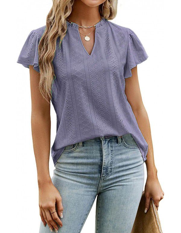 European and American loose solid color v-neck ruffle sleeve jacquard T-shirt blouse 