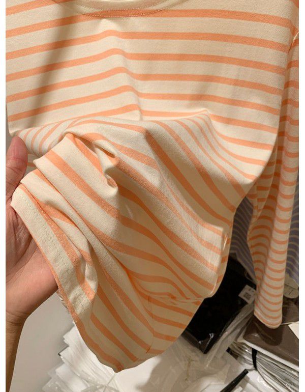 Cotton loose striped bottom shirt for women with spring and autumn Korean design sense long-sleeved T-shirt round neck versatile top 