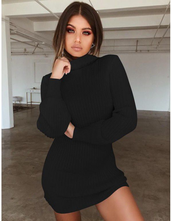 Dress Sexy High Neck Slim Fit Long Sleeve Dress