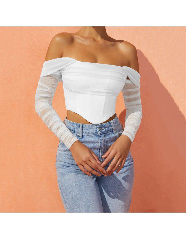 European and American women's clothing autumn and winter Amazon popular mesh fishbone perspective one-line collar exposed navel short T-shirt top female 