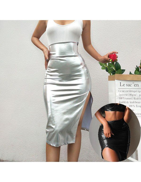 Summer New Silver Shiny Leather Split Skirt High Waist Mid Skirt Wrapped Hip Skirt