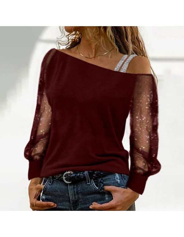 European and American mesh stitching V-neck hanging neck fashion versatile commuting T-shirt in stock