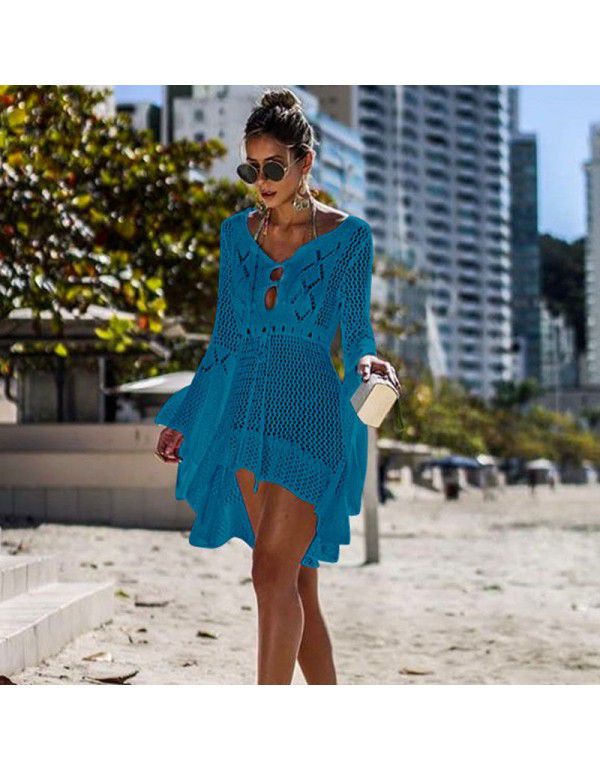 Irregular Deep V Sexy Flare Sleeve Hollow Out Woven Beach Gown Dress