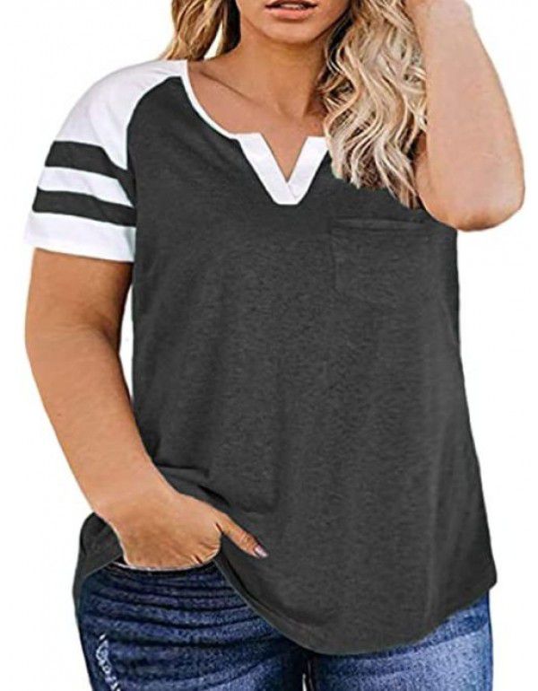 Amazon New Women's Plus Size Top Summer V-neck Raglan Sleeve T-shirt Pocket Style