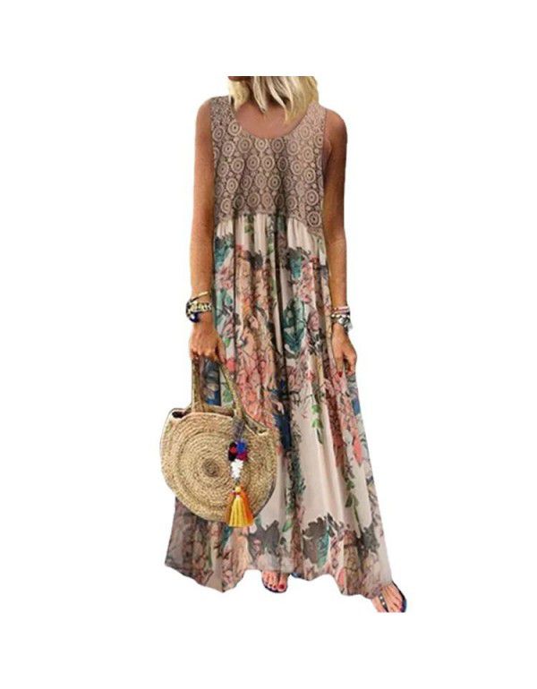 Printed dress color contrast panel round neck sleeveless long dress European and American dress 