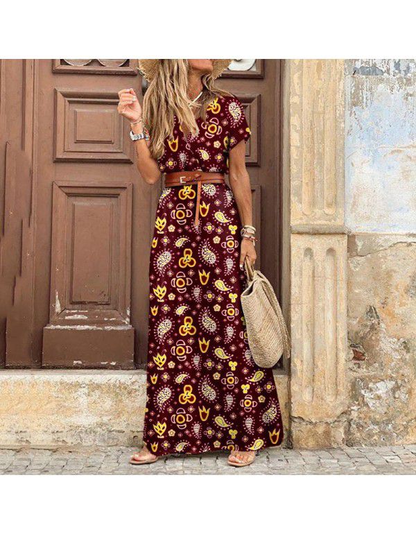 Popular European and American Bohemian style waistband printed long dress 