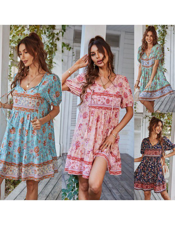 Bohemian Casual Holiday Dress Summer Print Small F...