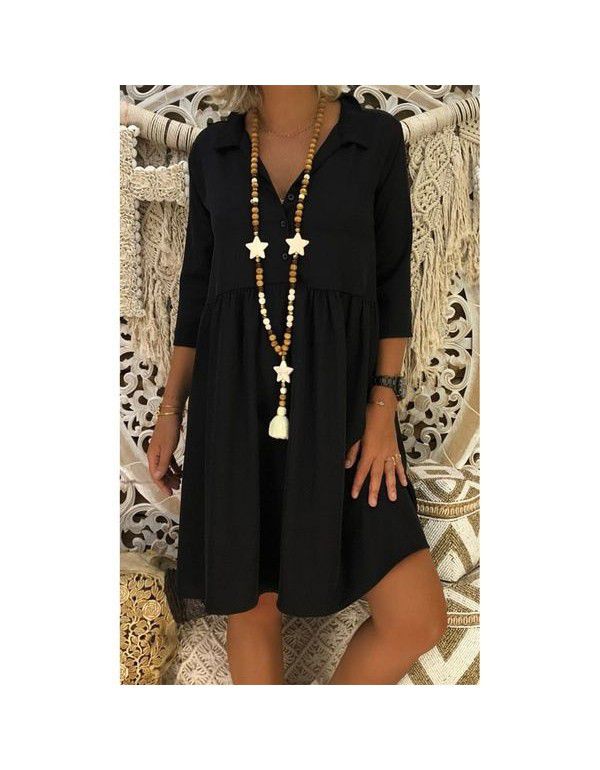 Popular European and American style 3/4 sleeve deep V-neck loose casual solid color dress