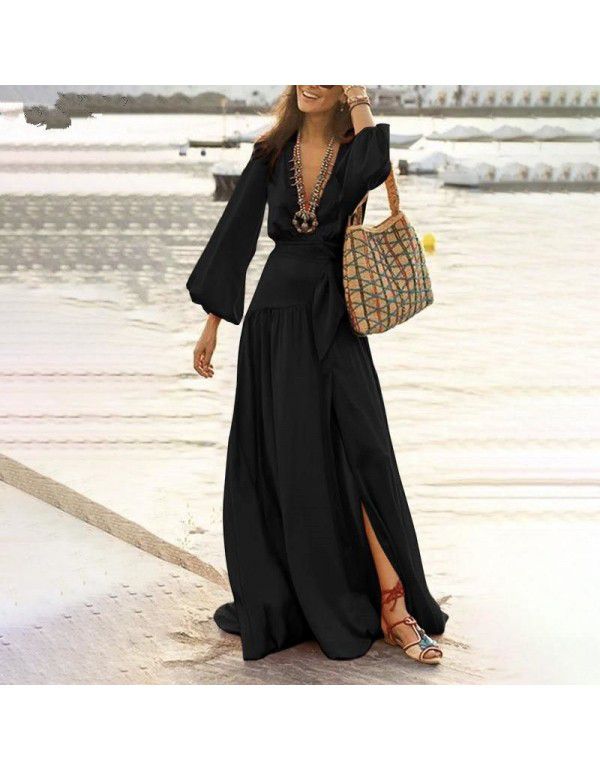 New Women's Bohemian Style Flare Sleeves Split Swing Dress