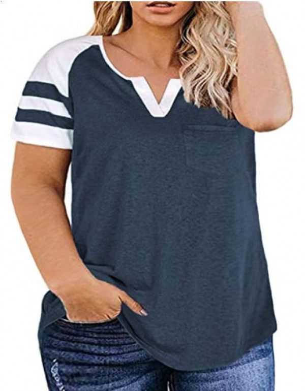 Amazon New Women's Plus Size Top Summer V-neck Raglan Sleeve T-shirt Pocket Style