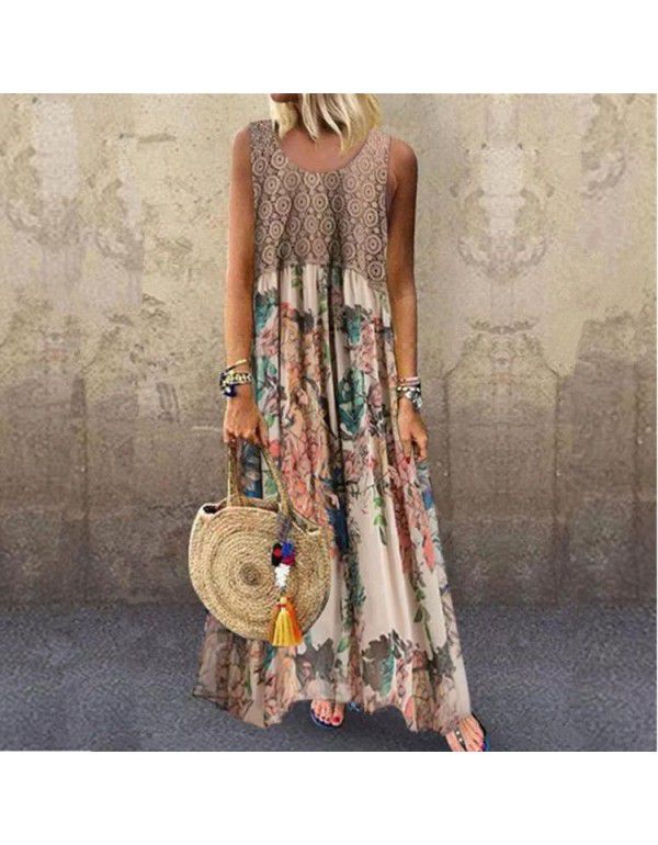 Printed dress color contrast panel round neck sleeveless long dress European and American dress 