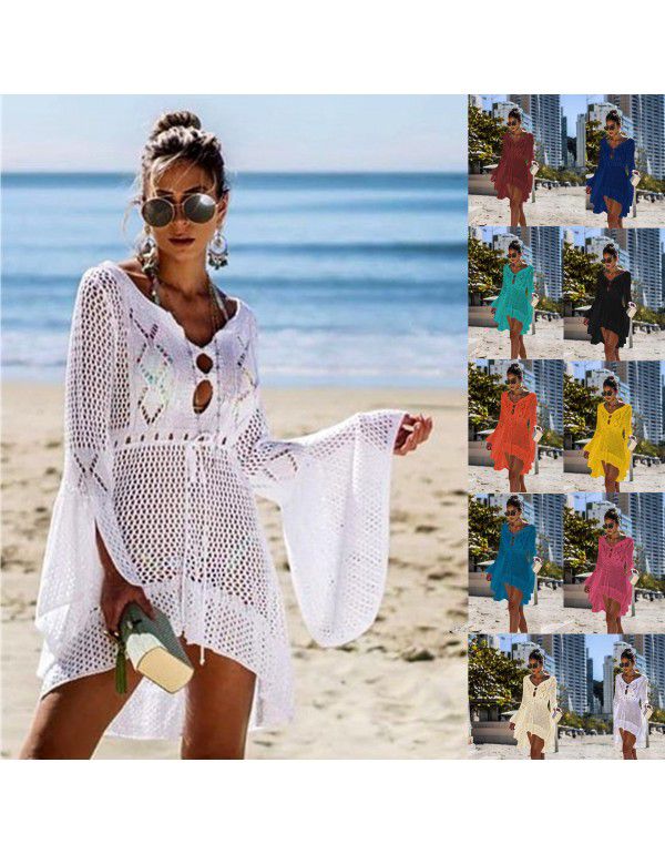 Irregular Deep V Sexy Flare Sleeve Hollow Out Woven Beach Gown Dress