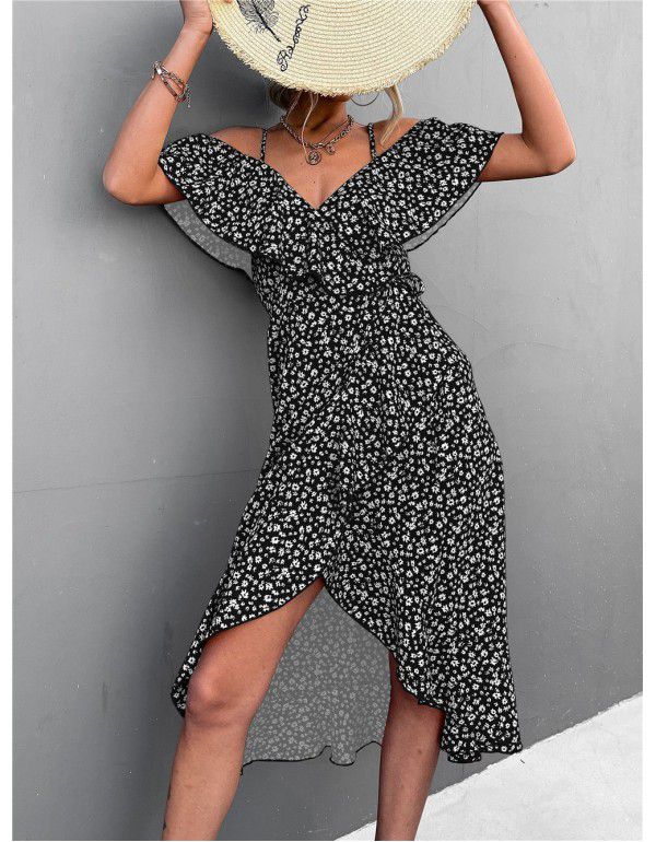 Popular Off Shoulder Floral Strap Dress Irregular Long Dress