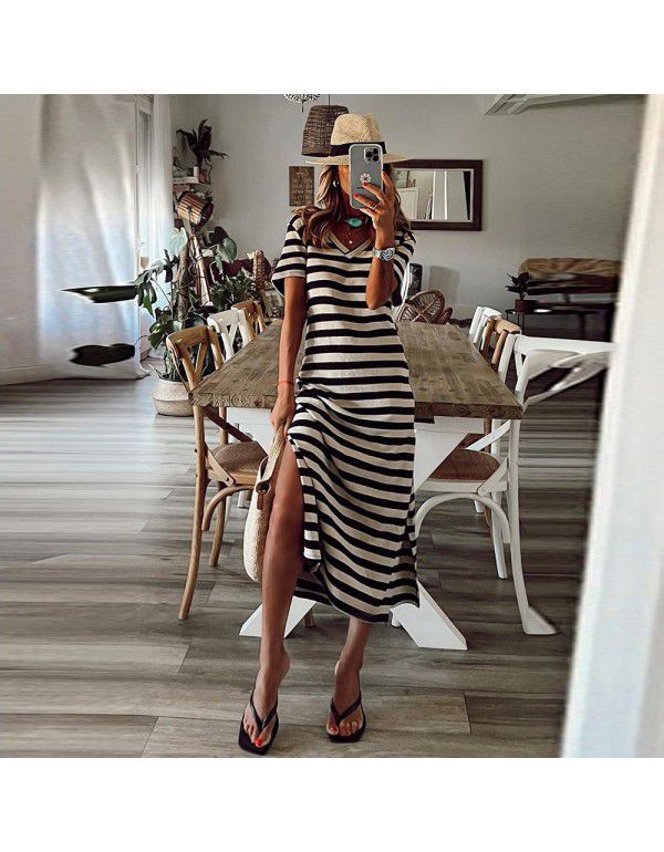 Long skirt with side slits New summer stripe print Short sleeve slim fit Slim drag dress