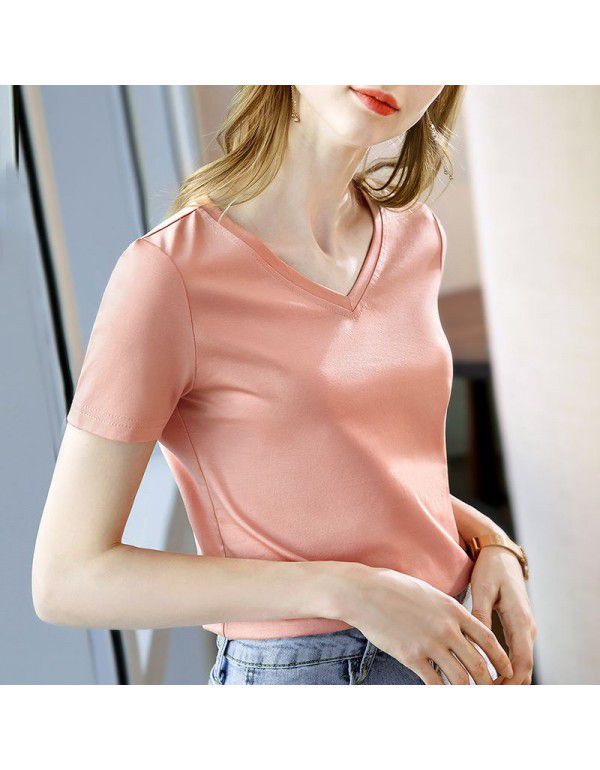 Ice feeling mercerized cotton short-sleeved t-shirt women's new style women's temperament v-neck pure cotton t-shirt pure color high-grade top 