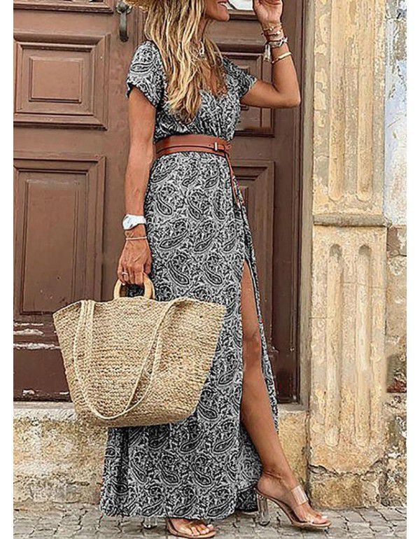 Popular European and American Bohemian style waistband printed long dress 