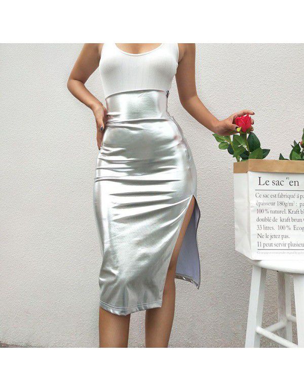 Summer New Silver Shiny Leather Split Skirt High Waist Mid Skirt Wrapped Hip Skirt