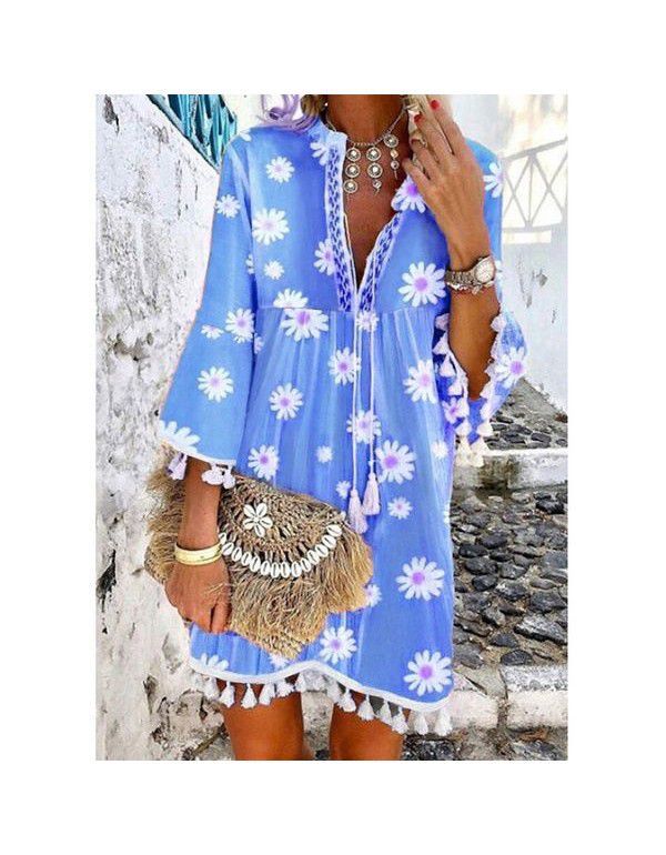 PRINTED DAISY 3/4 SLEEVE FRINGE V-NECK PRINTED DRESS 