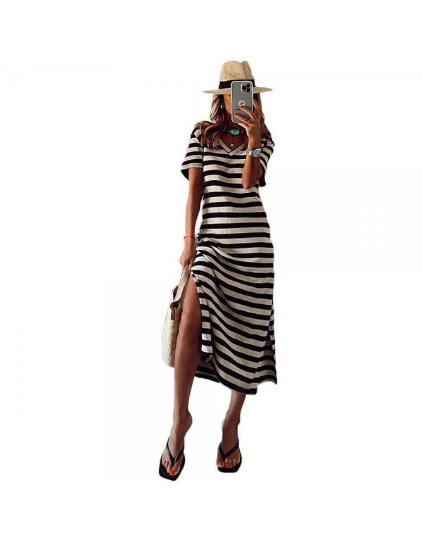 Long skirt with side slits New summer stripe print Short sleeve slim fit Slim drag dress