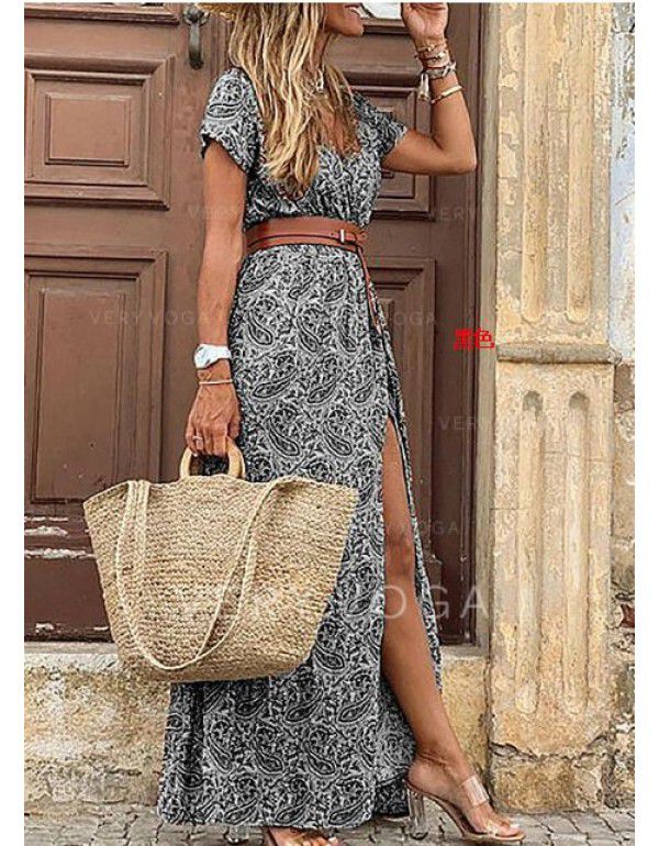 Popular European and American Bohemian style waistband printed long dress 