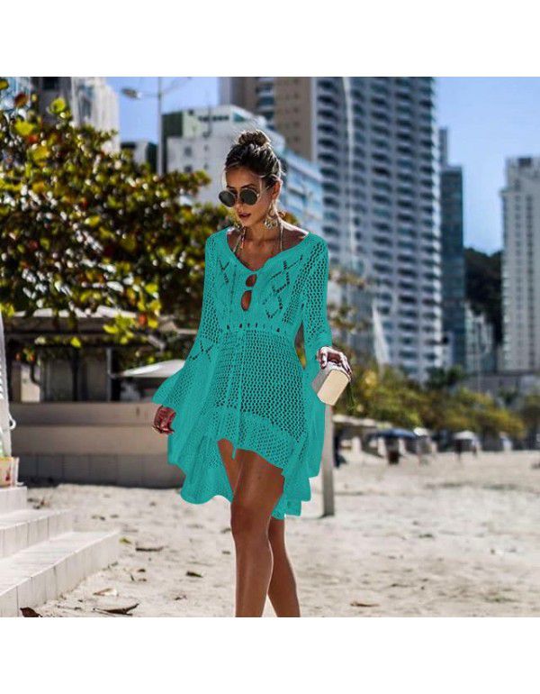 Irregular Deep V Sexy Flare Sleeve Hollow Out Woven Beach Gown Dress