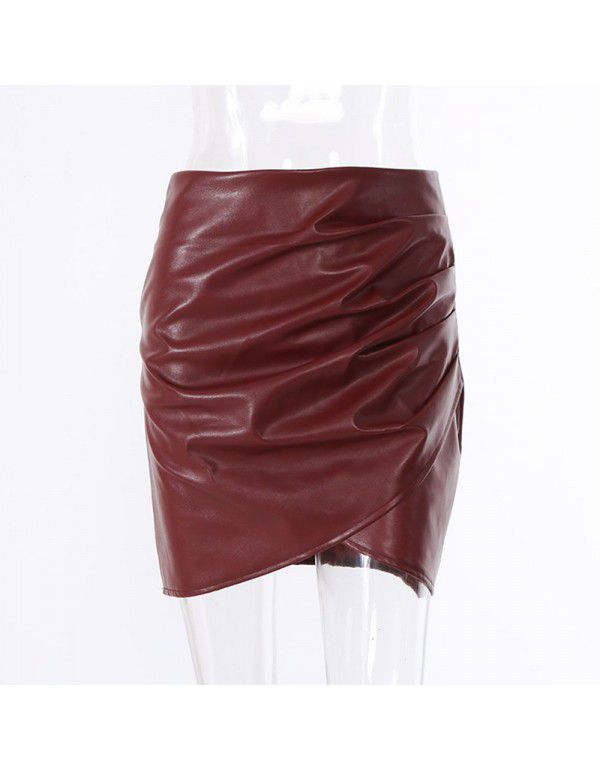 Irregular Solid Color Versatile Hip Wrap Half PU Leather Skirt for Women