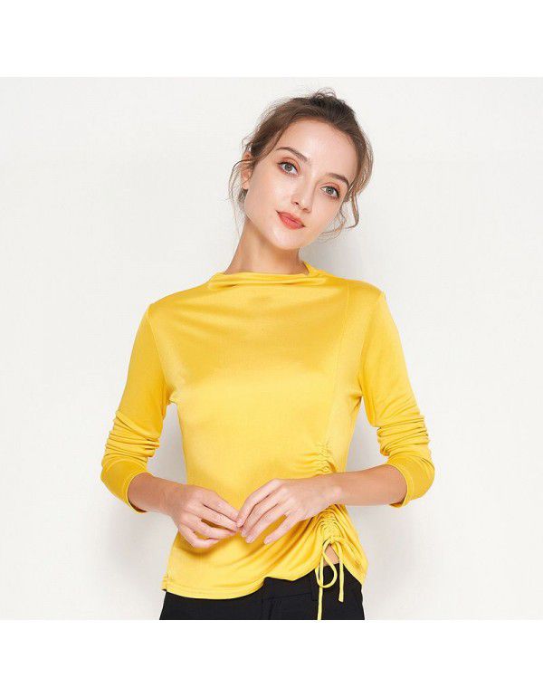 Spring New Silk Underlay Women's Long Sleeve T-shirt Silk Drawstring Slim Fit Medium High Neck Top 