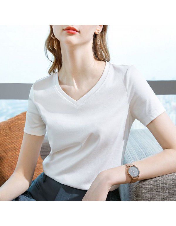 Ice feeling mercerized cotton short-sleeved t-shirt women's new style women's temperament v-neck pure cotton t-shirt pure color high-grade top 