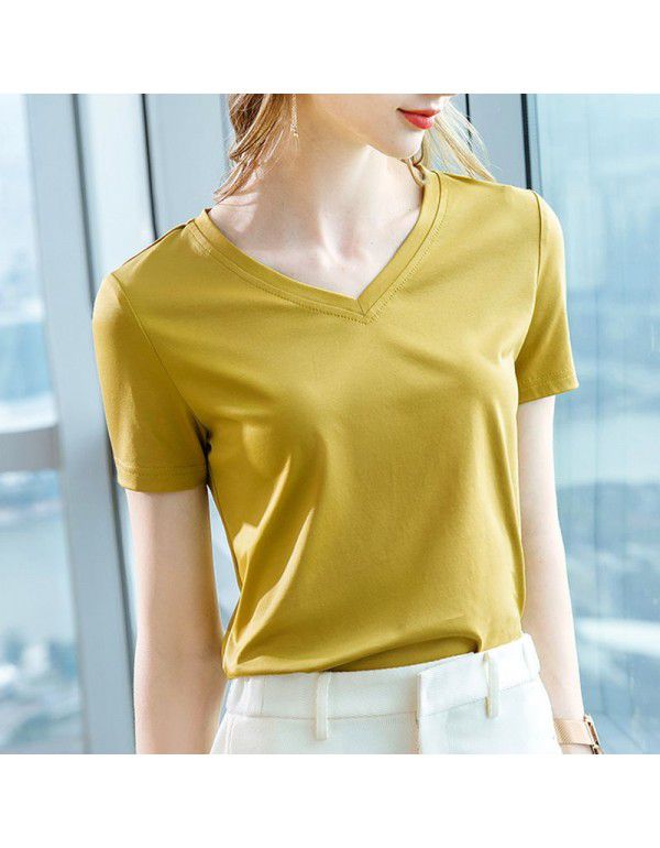 Ice feeling mercerized cotton short-sleeved t-shirt women's new style women's temperament v-neck pure cotton t-shirt pure color high-grade top 