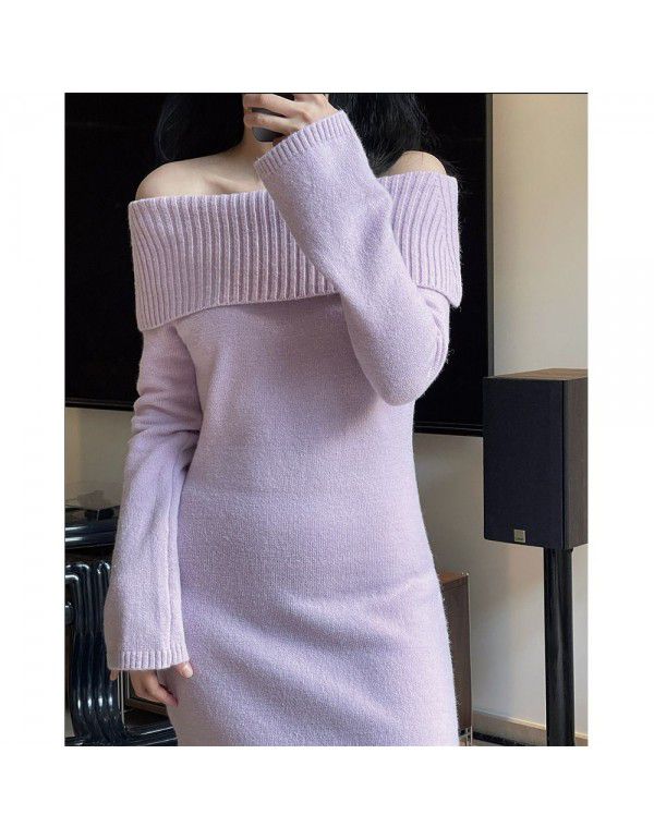 Early Spring New Korean Version Lazy One Line Neck Off Shoulder Sexy Sweater Dress One Line Shoulder Skincare Fit Long Dress for Women