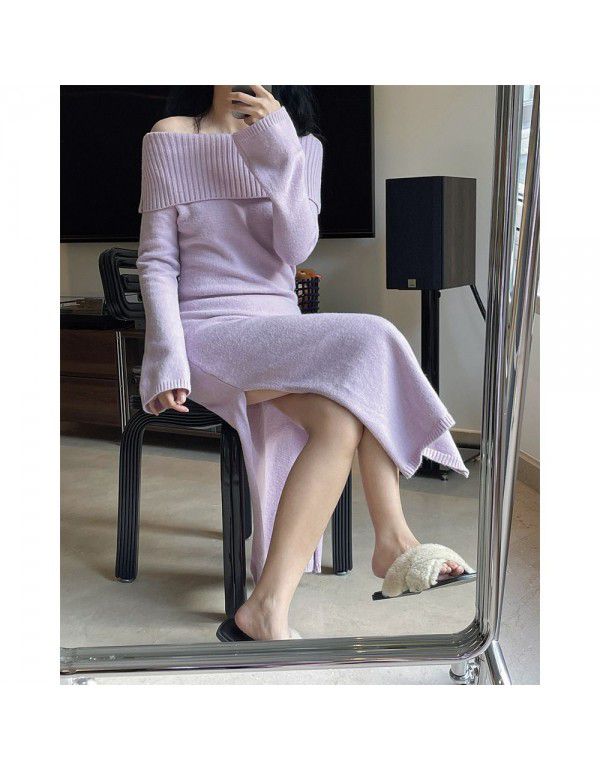 Early Spring New Korean Version Lazy One Line Neck Off Shoulder Sexy Sweater Dress One Line Shoulder Skincare Fit Long Dress for Women