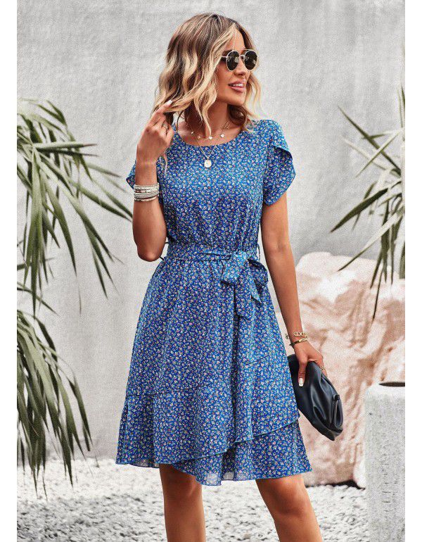 Round Neck Temperament Casual Dress Summer Lace Waist Women's Dress 