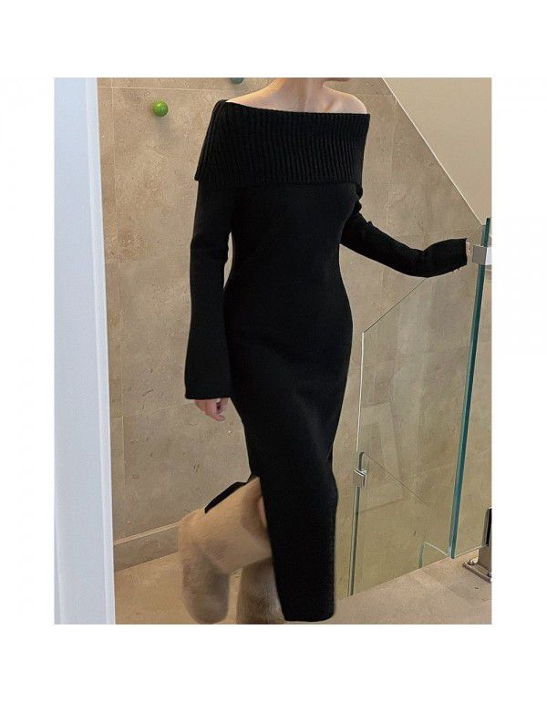 Early Spring New Korean Version Lazy One Line Neck Off Shoulder Sexy Sweater Dress One Line Shoulder Skincare Fit Long Dress for Women