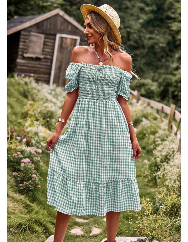 Checkered Dress Spring Summer Leisure Holiday Off Shoulder Women's Dress