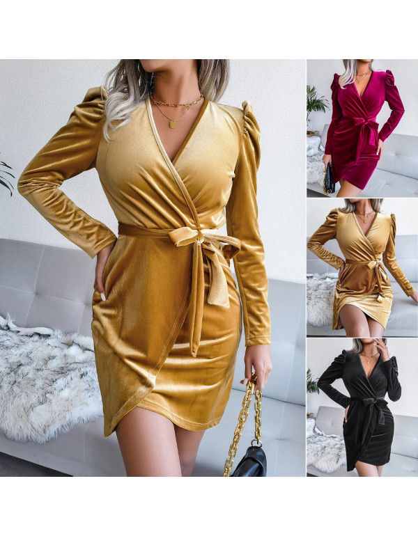 European and American Bubble Sleeves Sexy Velvet Wrapped Hip Dress Party Dress Dress