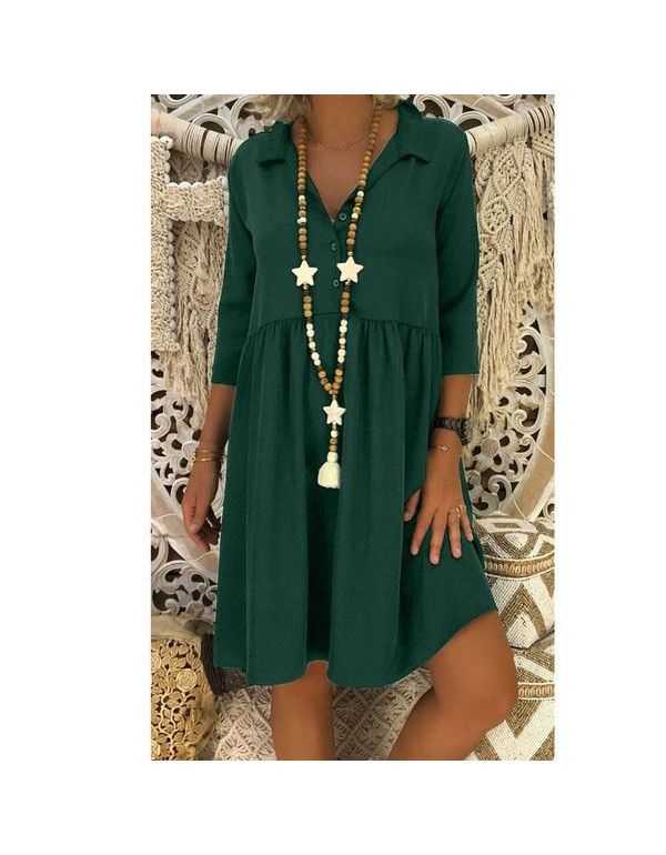 Popular European and American style 3/4 sleeve deep V-neck loose casual solid color dress