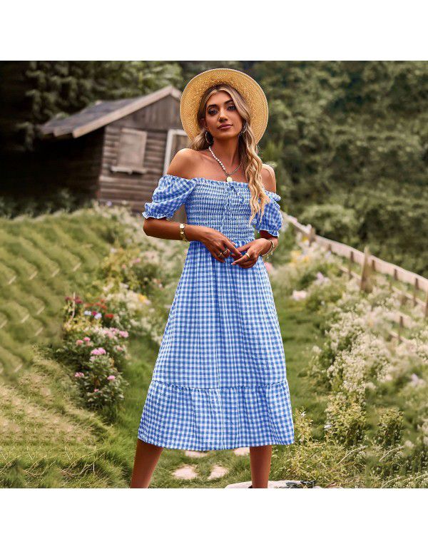 Checkered Dress Spring Summer Leisure Holiday Off Shoulder Women's Dress