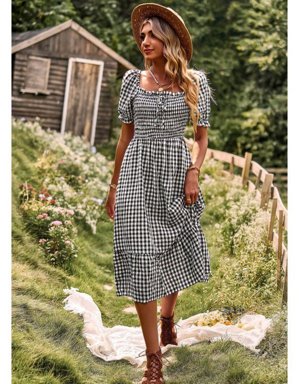 Checkered Dress Spring Summer Leisure Holiday Off Shoulder Women's Dress