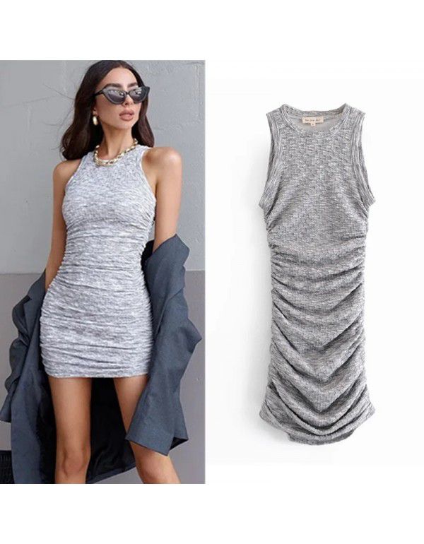 Round Neck Sleeveless Wrapped Hip Dress Women's Su...