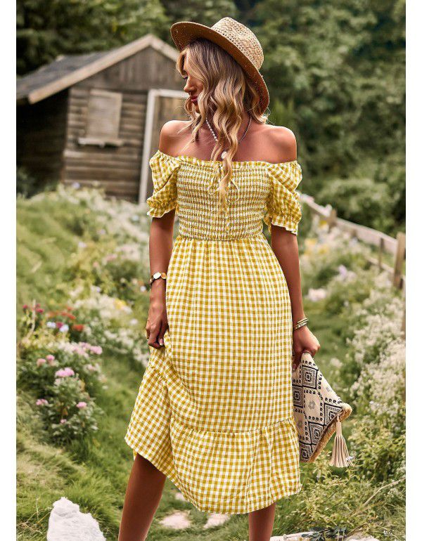 Checkered Dress Spring Summer Leisure Holiday Off Shoulder Women's Dress