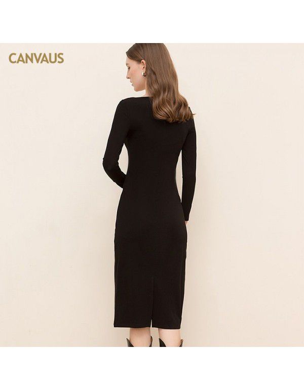 New Square Neck Cotton Medium Length Dress Women Solid Long Sleeve Slim Fit Split Mid Waist Pencil Dress Women