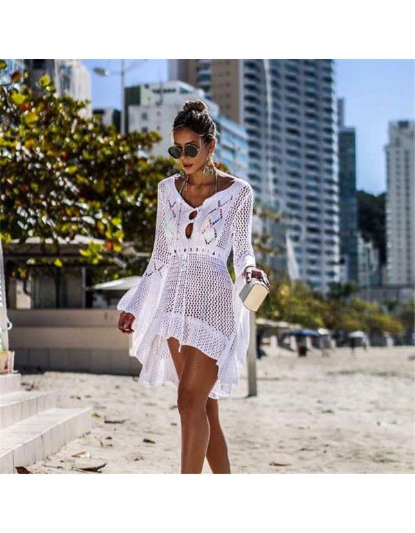 Irregular Deep V Sexy Flare Sleeve Hollow Out Woven Beach Gown Dress