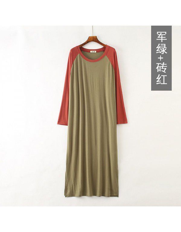 Spring and summer new Modal patchwork dress with long sleeves, loose and thin, large size sleepwear, home dress, long skirt 