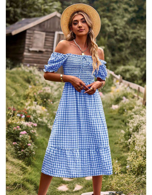 Checkered Dress Spring Summer Leisure Holiday Off Shoulder Women's Dress